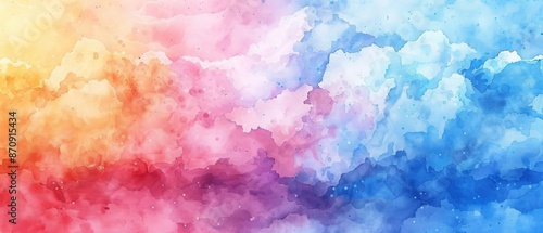  A multicolored watercolor backdrop with white clouds and separate applications of blue and pink paint on the left side photo
