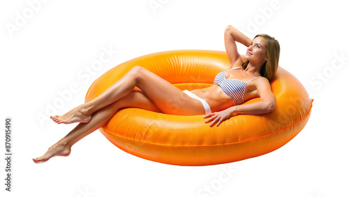 Woman Relaxing on Inflatable Raft in Bikini, Isolated on White Background