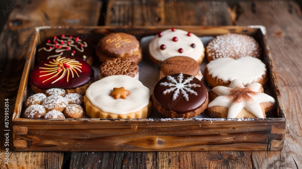 Traditional German round glazed Christmas cookies called Lebkuchen and Zimtsterne in a long wooden box. with copy space Traditional German round glazed Christmas cookies called Lebkuchen and Zimtsterne in a long wooden box. with copy space