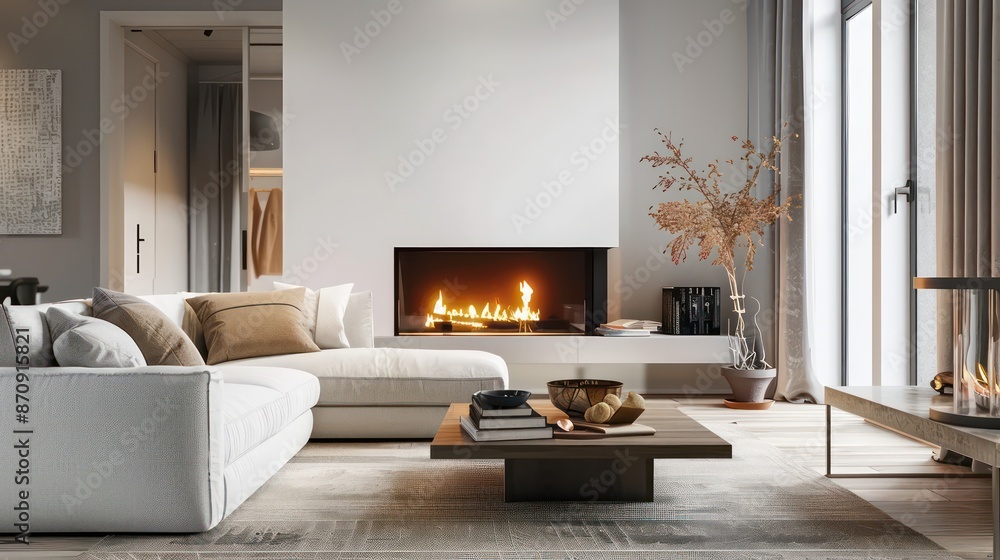 Fototapeta premium cozy living room interior, scandinavian interior with wooden table and fireplace