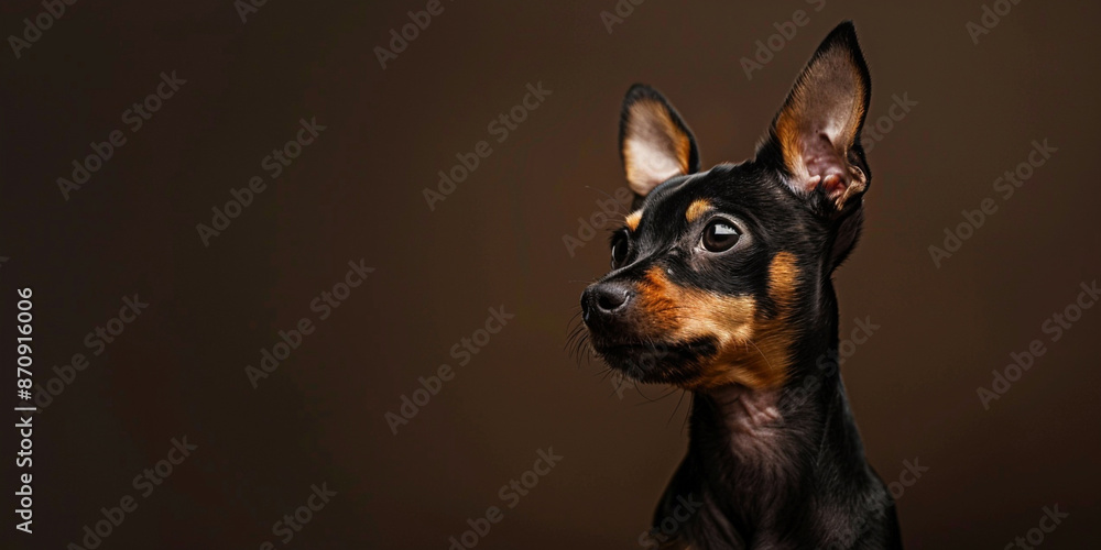 A cute brown and black miniature pinscher puppy with big ears sitting on brown background A cute brown and black miniature pinscher puppy with big ears sitting on brown background