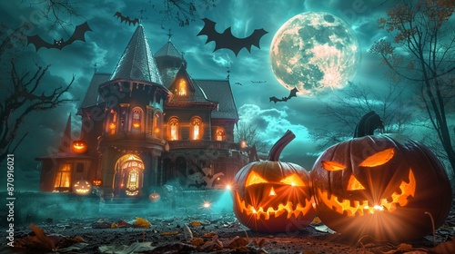 A jack-o-lantern with an evil grin against the backdrop of a creepy old haunted mansion with glowing windows. Full moon in the sky and bats flying in the night sky