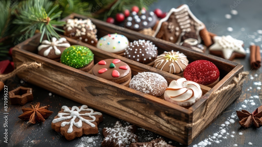 Fototapeta premium Traditional German round glazed Christmas cookies called Lebkuchen and Zimtsterne in a long wooden box. with copy space