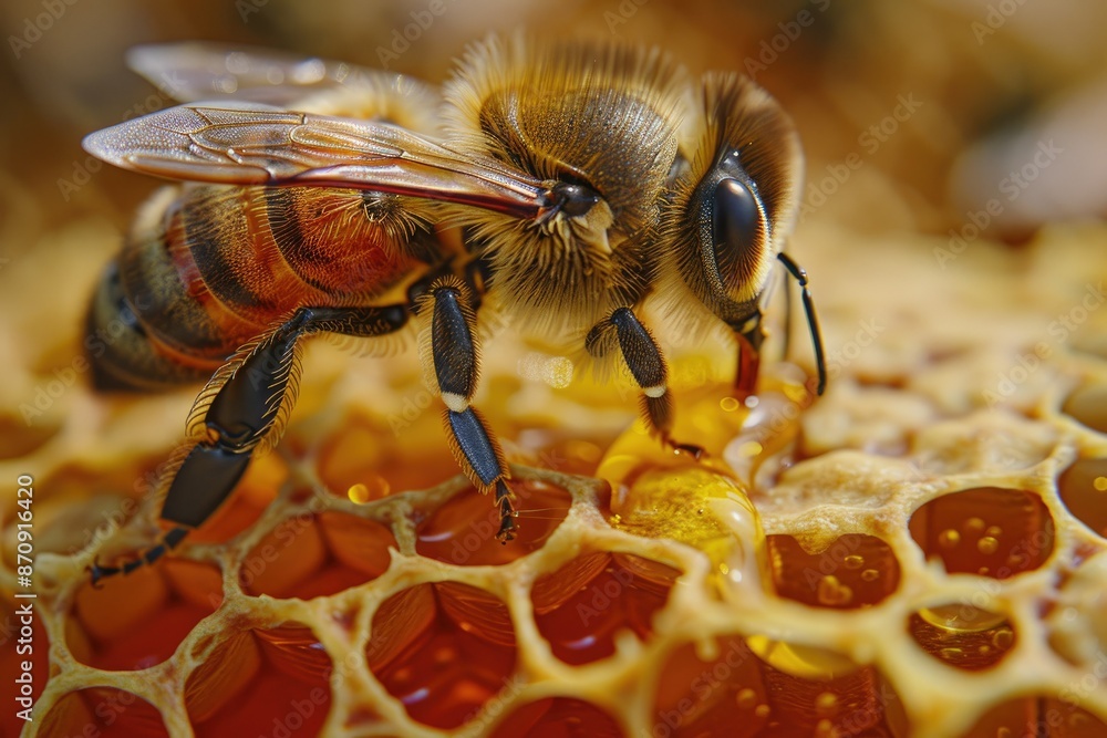 Close-up of a bee on a honeycomb, detailed and vibrant, emphasizing the intricate and natural process of honey production Close-up of a bee on a honeycomb, detailed and vibrant, emphasizing the intricate and natural process of honey production