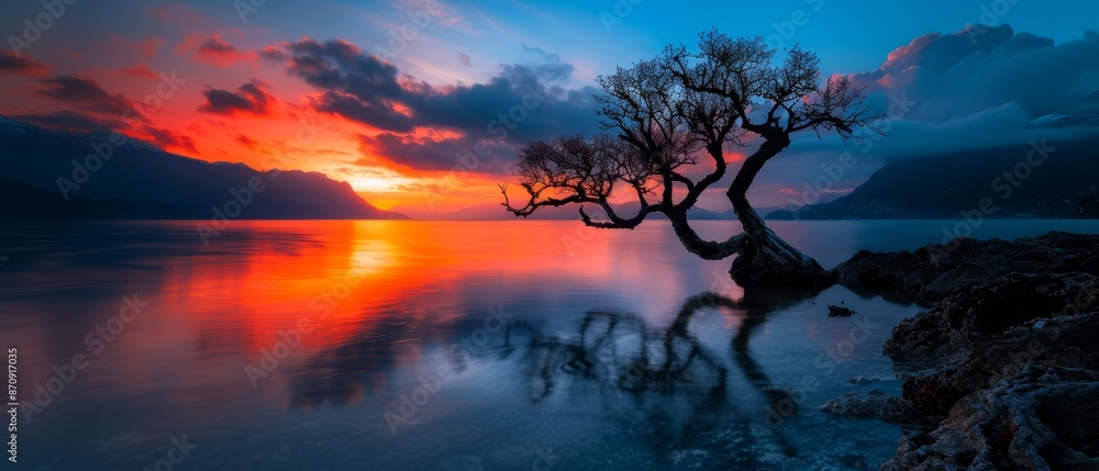 A solitary tree mirrored in a body of water Sun sets, casting long shadows behind Clouds paint the sky A solitary tree mirrored in a body of water Sun sets, casting long shadows behind Clouds paint the sky