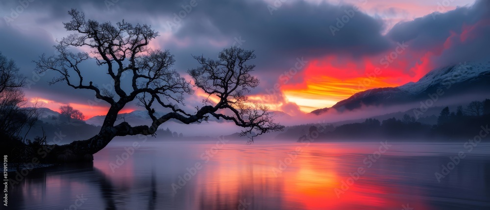 A tree submerged in a body of water, surrounded by cloudy sky and setting sun A tree submerged in a body of water, surrounded by cloudy sky and setting sun
