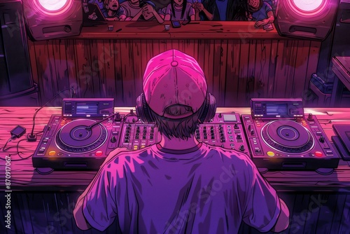 DJ performing in a nightclub with vibrant pink and purple lights creating an energetic and modern atmosphere