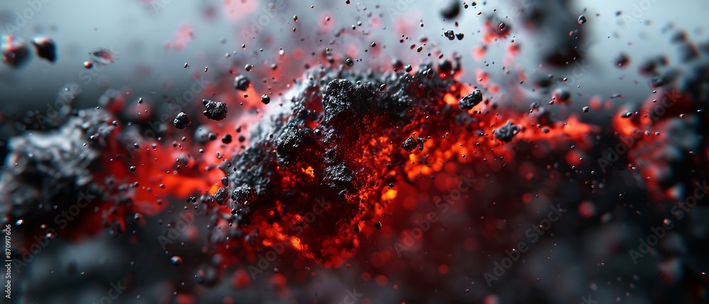 Red and black object suspended in mid-air, surrounded by water droplets on a glass surface Foreground displays a distinct black object Red and black object suspended in mid-air, surrounded by water droplets on a glass surface Foreground displays a distinct black object