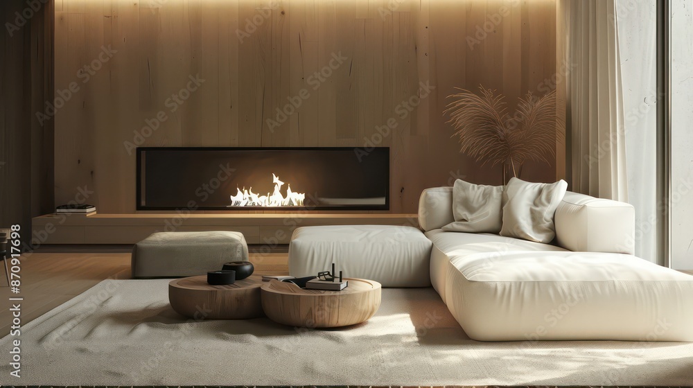 Fototapeta premium cozy living room interior, scandinavian interior with wooden table and fireplace