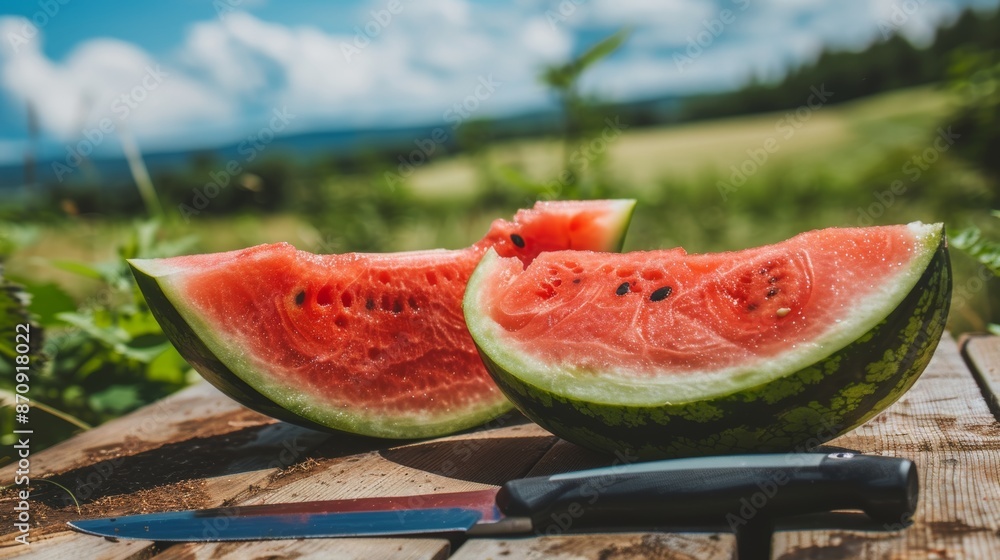 Watermelon slices on wood table with knife, greenery and blue sky background, side view Watermelon slices on wood table with knife, greenery and blue sky background, side view
