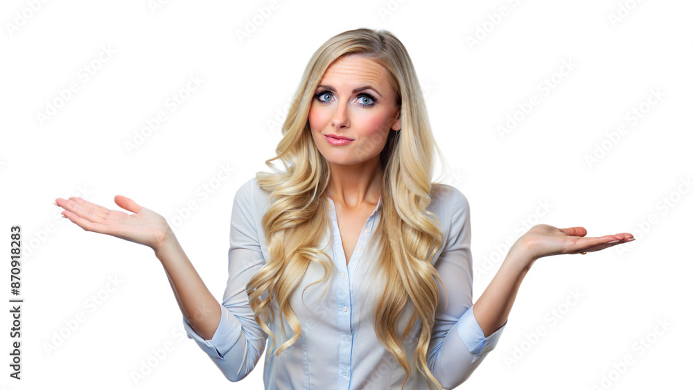 Woman With Blonde Hair Gesturing With Both Hands in a White Shirt Woman With Blonde Hair Gesturing With Both Hands in a White Shirt