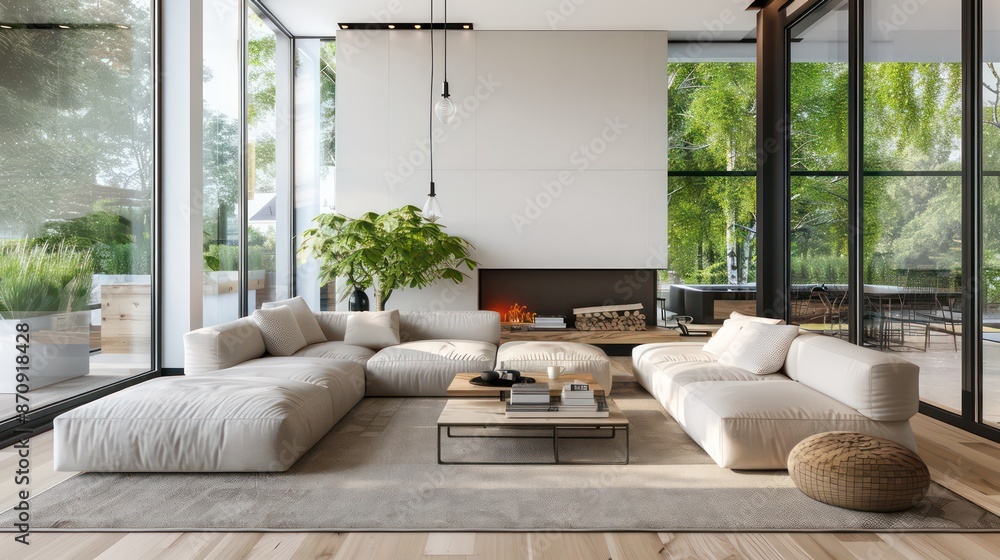 cozy living room interior, scandinavian interior with wooden table and fireplace cozy living room interior, scandinavian interior with wooden table and fireplace