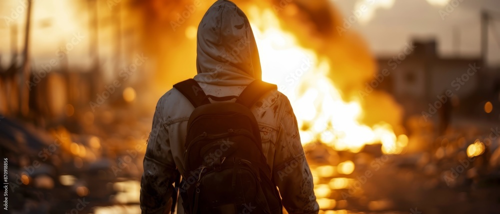 A person in a hooded jacket stands before a blazing fire, backpack in tow, as a building behind him engulfs in flames A person in a hooded jacket stands before a blazing fire, backpack in tow, as a building behind him engulfs in flames