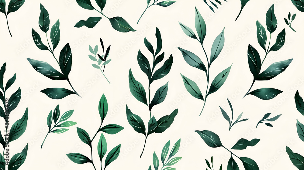 Fototapeta premium Seamless Pattern of Green Watercolor Leaves.