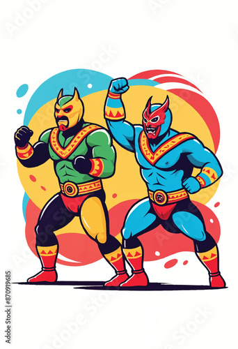 a cartoon vector of two luchador wrestlers characters with colorful costumes