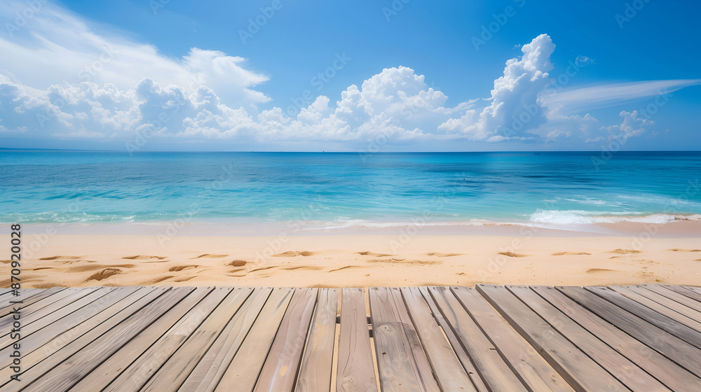Fototapeta premium Wooden Deck Overlooking a Tropical Beach.
