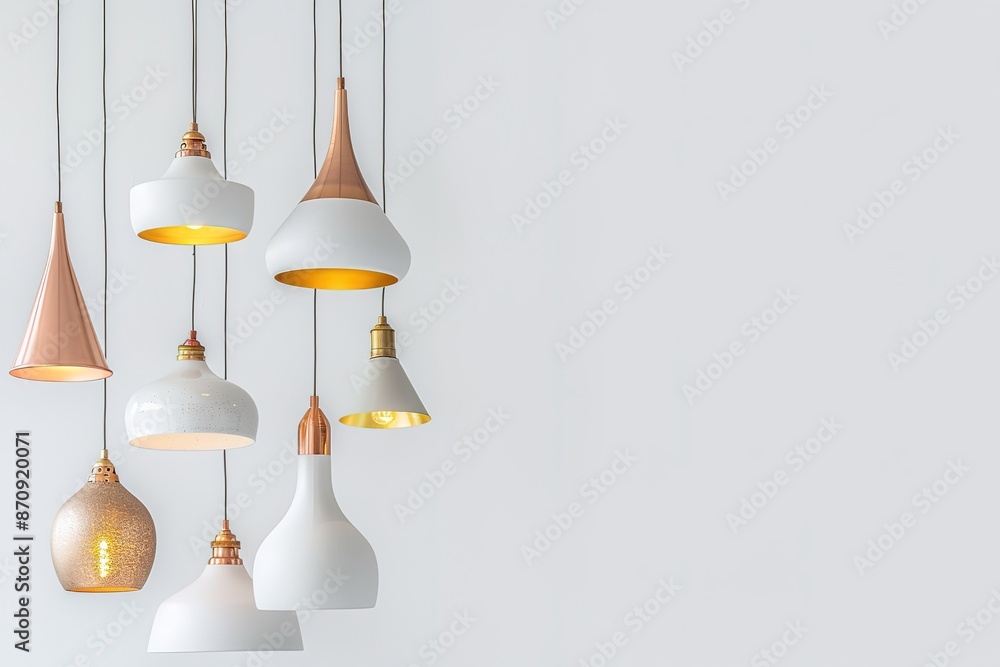 A collection of modern pendant lights in various shapes and colors, including white, gold, and copper, hanging from the ceiling against a clean background A collection of modern pendant lights in various shapes and colors, including white, gold, and copper, hanging from the ceiling against a clean background