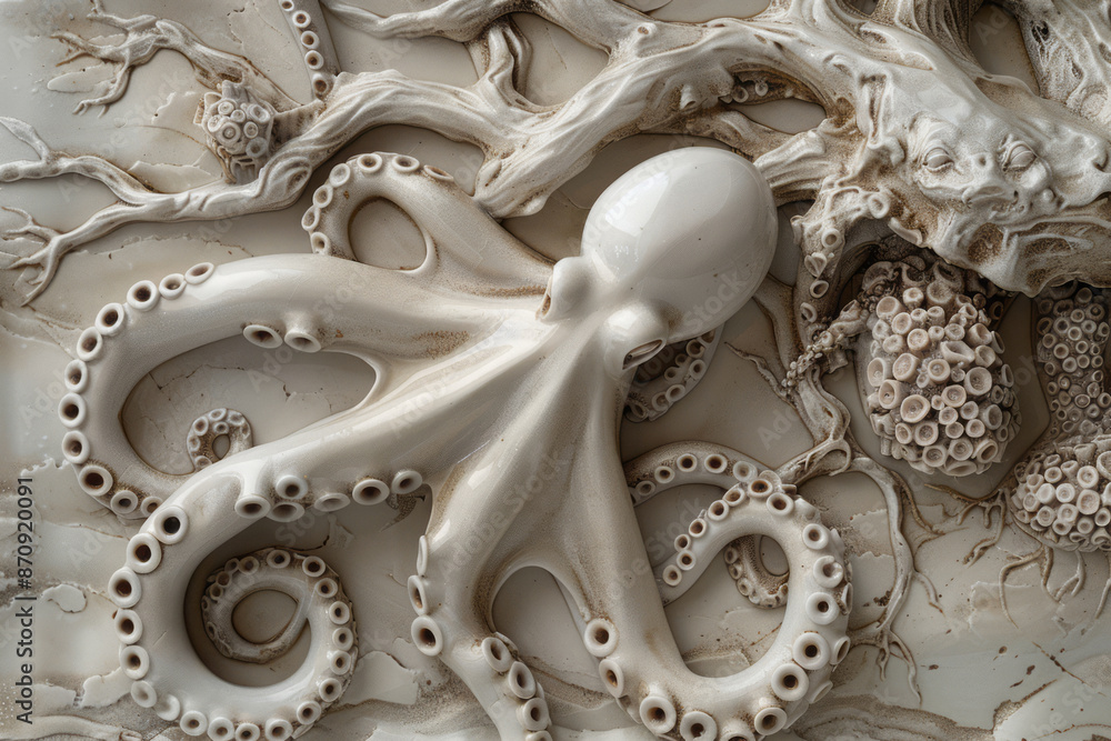 porcelain bas-relief depicting majestic tentacles. Generative AI porcelain bas-relief depicting majestic tentacles. Generative AI
