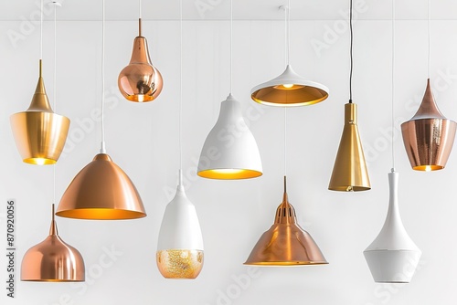 A collection of modern pendant lights in various shapes and colors, including white, gold, and copper, hanging from the ceiling against a clean background