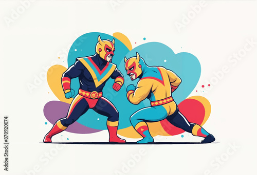 a vector cartoon drawing of two luchador wrestlers in colorful masks are fighting 