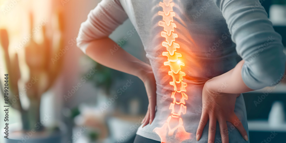 Obraz premium preventing back pain: the role of exercise and ergonomics in maintaining a healthy spine, ideal for fitness programs, corporate wellness initiatives, and health promotion materials