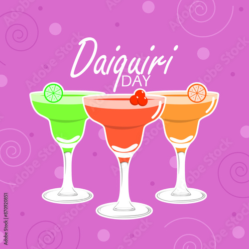 National Daiquiri Day event drink banner. Three glasses of Daiquiri drink with different flavors on light purple background to celebrate on July 19th