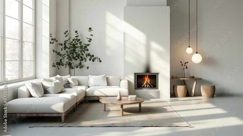 Fototapeta premium cozy scandinavian living room with fireplace