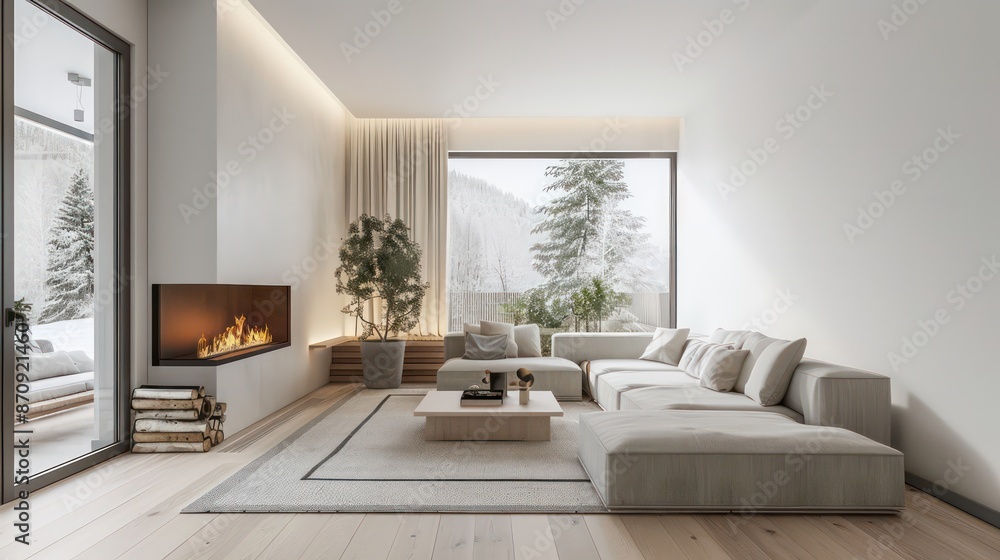 Fototapeta premium cozy scandinavian living room with fireplace