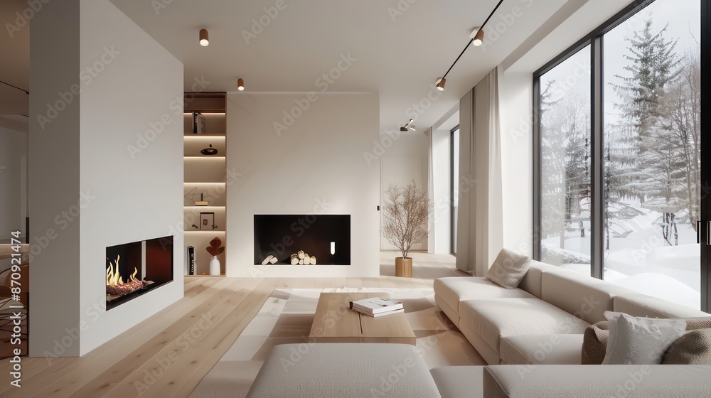 Fototapeta premium cozy scandinavian living room with fireplace