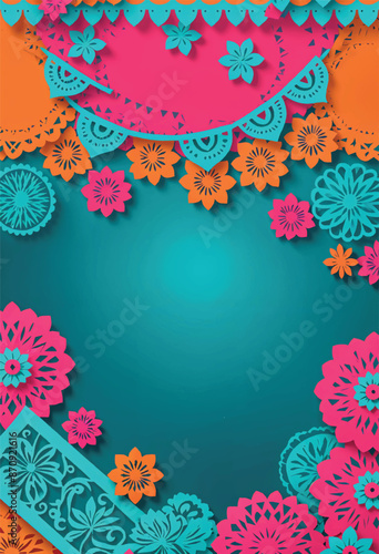 a colorful frame vector with flowers and papel picado banners on background