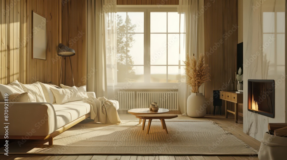Fototapeta premium cozy scandinavian living room with fireplace