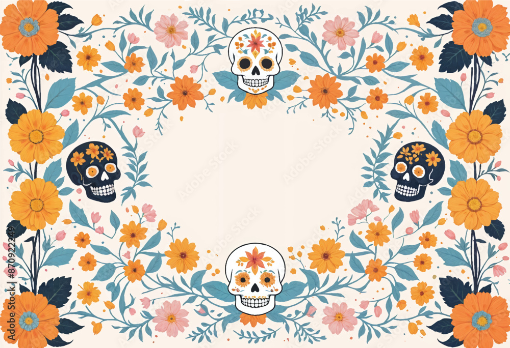 a vector background with minimalist floral motifs of marygolds and sugar skulls a vector background with minimalist floral motifs of marygolds and sugar skulls