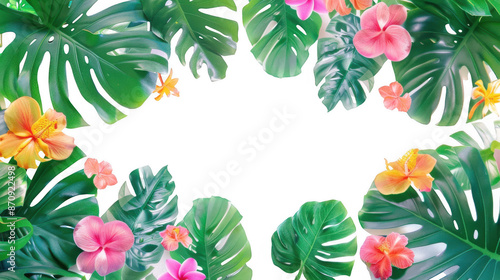 Colorful Floral Border with Monstera Leaves