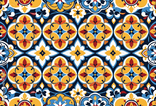 a blue and yellow pattern of a traditional talabera tiles with a floral design and geometric shapes