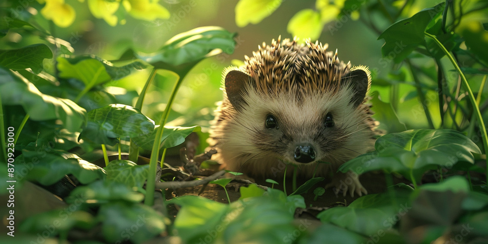 A adorable hedgehog in the forest, surrounded by lush greenery A adorable hedgehog in the forest, surrounded by lush greenery