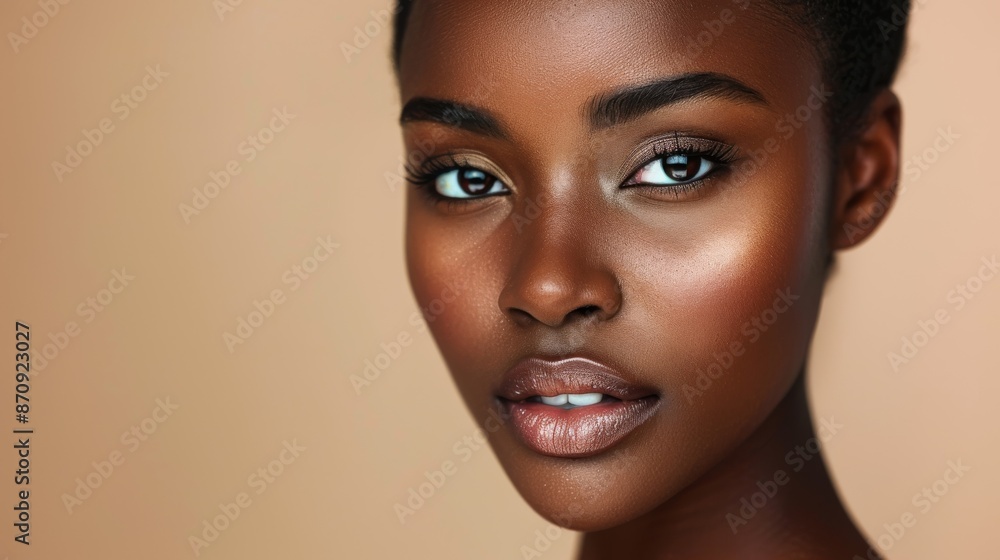 On a beige background, a beauty portrait of an African American woman with clean On a beige background, a beauty portrait of an African American woman with clean