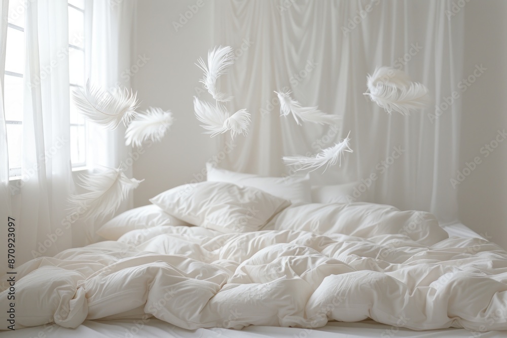 pillows flying over the bed in white room. ai generative pillows flying over the bed in white room. ai generative