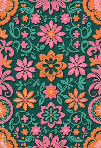 a colorful pattern design of pape picado in a green background with pink and orange flowers