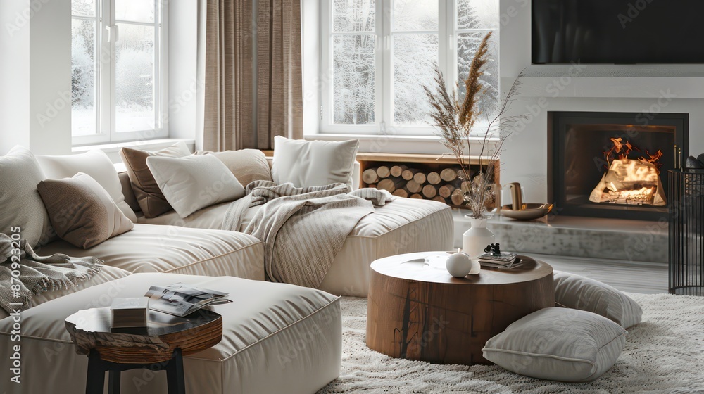 Fototapeta premium Fireplace, light sofa, coffee table. Scandinavian style home interior design of modern living room