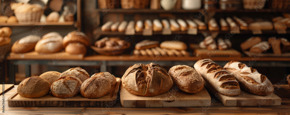 A bakery display showcasing a variety of freshly baked bread on wooden trays, including whole wheat, sourdough, and rye loaves. The background features vintage bread-making tools and rustic wooden A bakery display showcasing a variety of freshly baked bread on wooden trays, including whole wheat, sourdough, and rye loaves. The background features vintage bread-making tools and rustic wooden