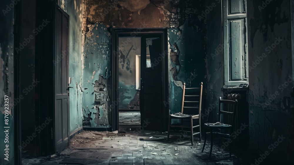 Fototapeta premium A abandoned room, darkness, fear, shabby walls.