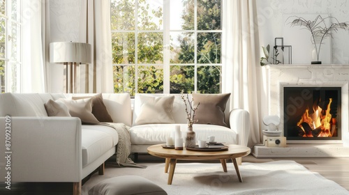 Fireplace, light sofa, coffee table. Scandinavian style home interior design of modern living room © ASA Creative