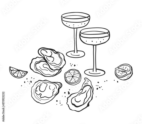 Hand drawn composition with oysters and champagne. Simple doodle food illustration