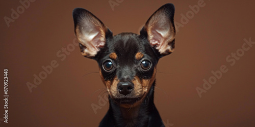 A cute brown and black miniature pinscher puppy with big ears sitting on a brown background © GaMe