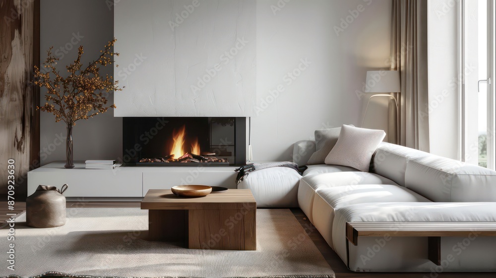 Fototapeta premium Fireplace, light sofa, coffee table. Scandinavian style home interior design of modern living room