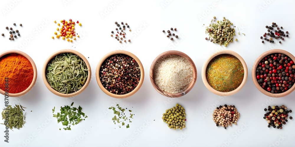 Spices and herbs in pots on white background for cooking enthusiasts. Concept Herb Garden, Culinary Delights, Cooking Essentials, White Background, Food Photography Spices and herbs in pots on white background for cooking enthusiasts. Concept Herb Garden, Culinary Delights, Cooking Essentials, White Background, Food Photography