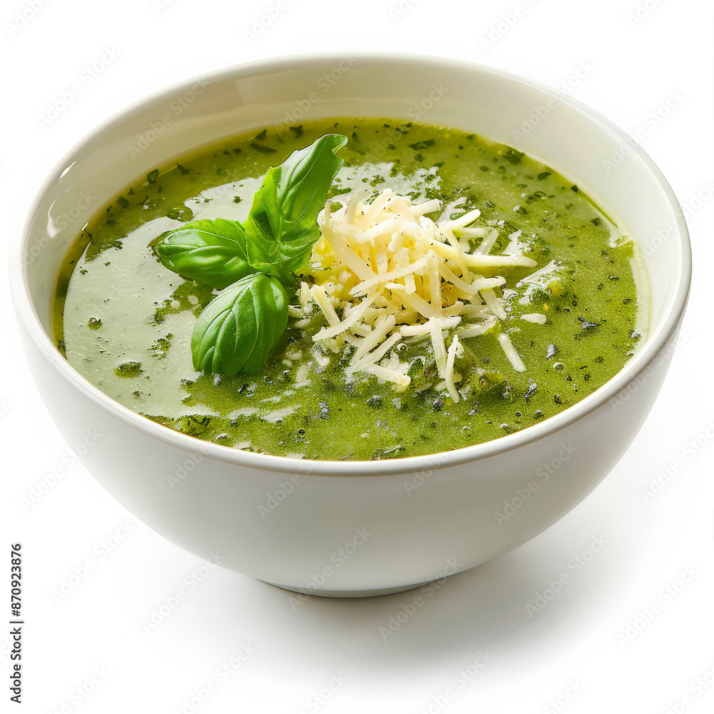 A bowl of French pistou soup, a vegetable soup with a dollop of basil garlic paste, garnished with grated cheese, isolated on white background. A bowl of French pistou soup, a vegetable soup with a dollop of basil garlic paste, garnished with grated cheese, isolated on white background.