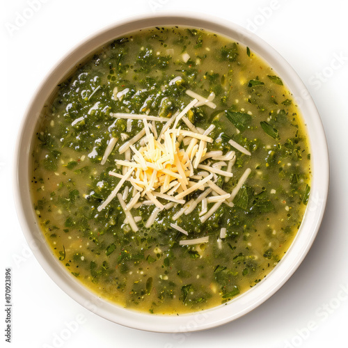 A bowl of French pistou soup, a vegetable soup with a dollop of basil garlic paste, garnished with grated cheese, isolated on white background. photo