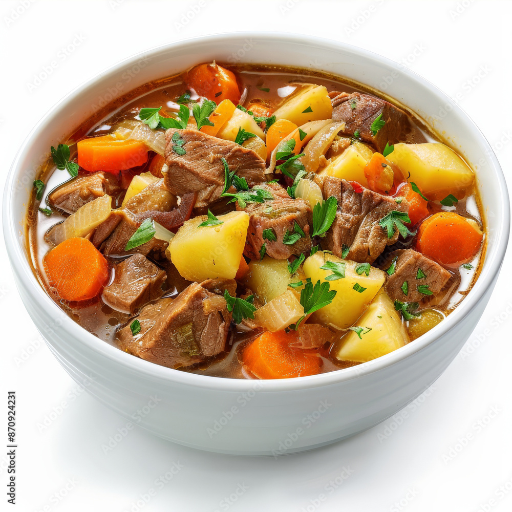 A bowl of Irish stew, with tender lamb, potatoes, carrots, and onions in a rich broth, garnished with fresh parsley, isolated on white background. A bowl of Irish stew, with tender lamb, potatoes, carrots, and onions in a rich broth, garnished with fresh parsley, isolated on white background.