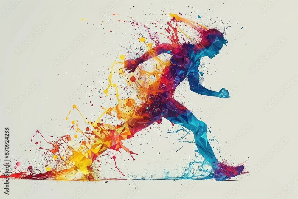 Polygonal person running colorful splash contrast sharp on white background. ai generative Polygonal person running colorful splash contrast sharp on white background. ai generative